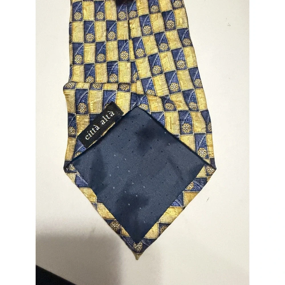 Citta Alta Mens Silk Necktie Gold Navy Blue Geometric Floral Medallion Check Tie